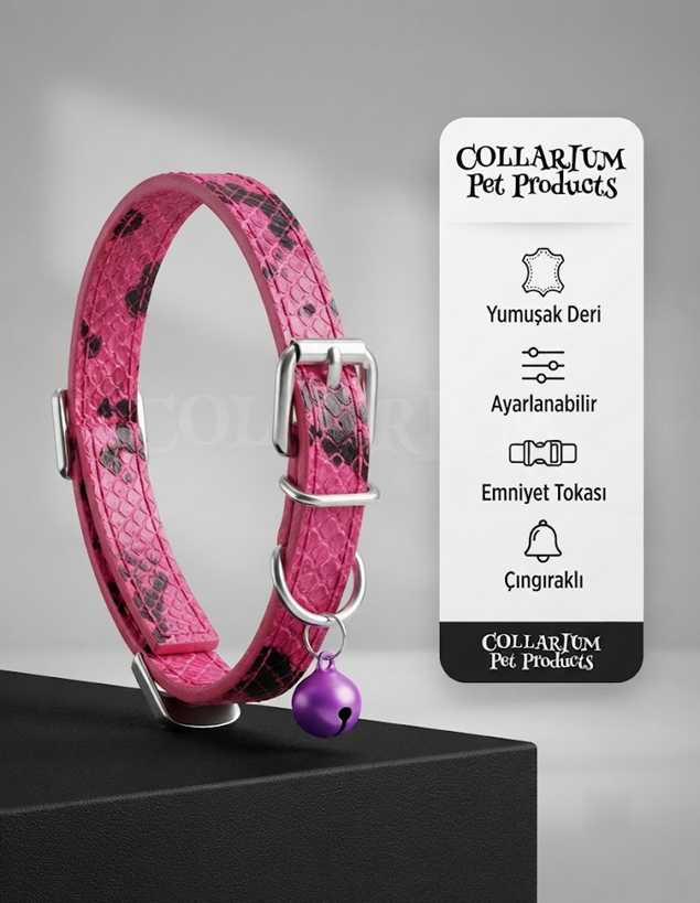 Collarium Pet Products Emniyet Tokalı Deri   Desenli Pembe Kedi Tasması ve   Zil